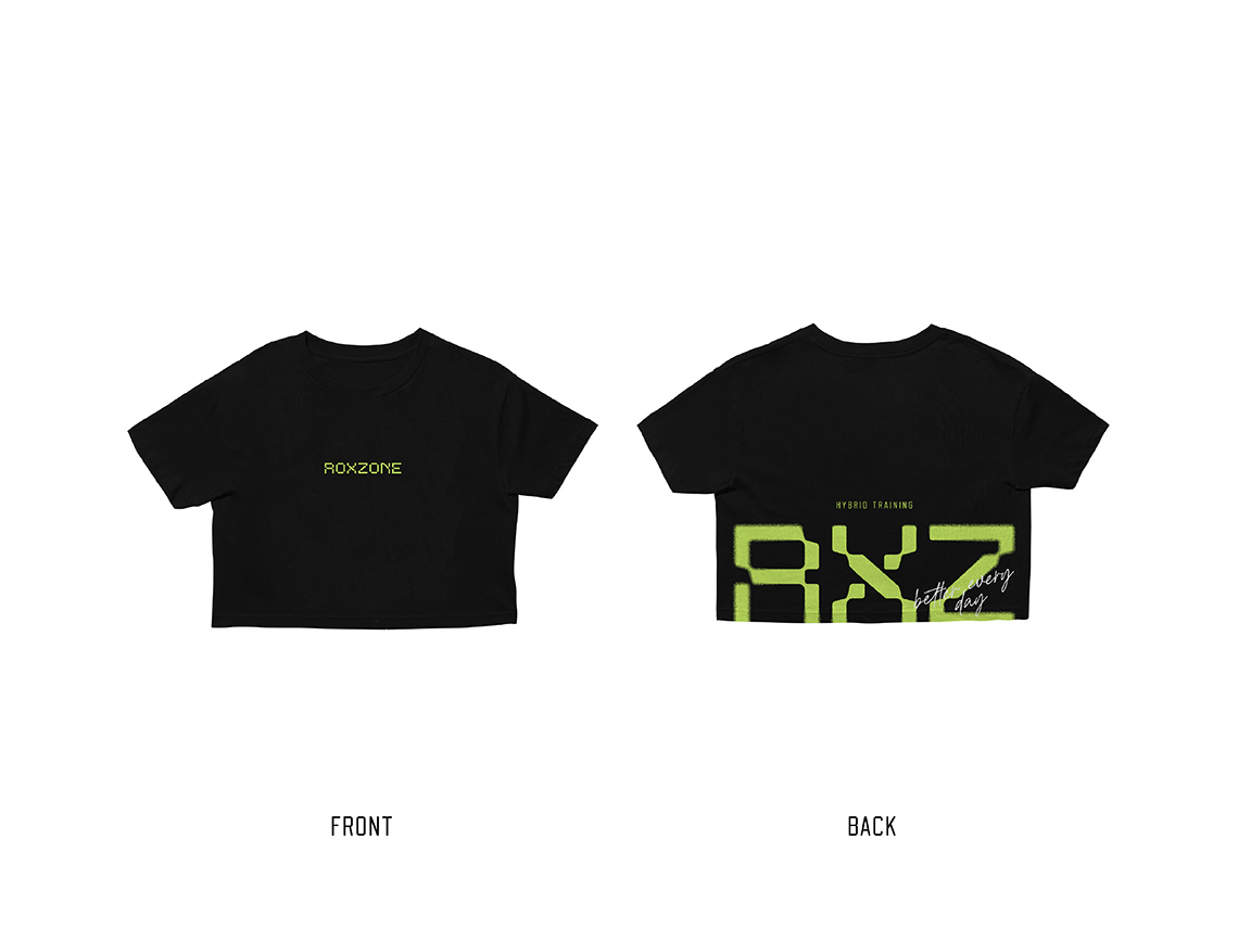 RoxZone Better Every Day women's cropped training top in black with lime print — front and back
