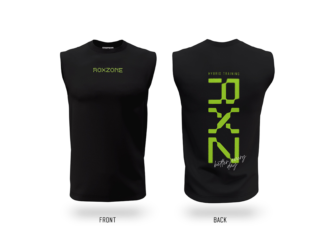 RoxZone Better Every Day men's sleeveless training tank in black with lime print — front and back