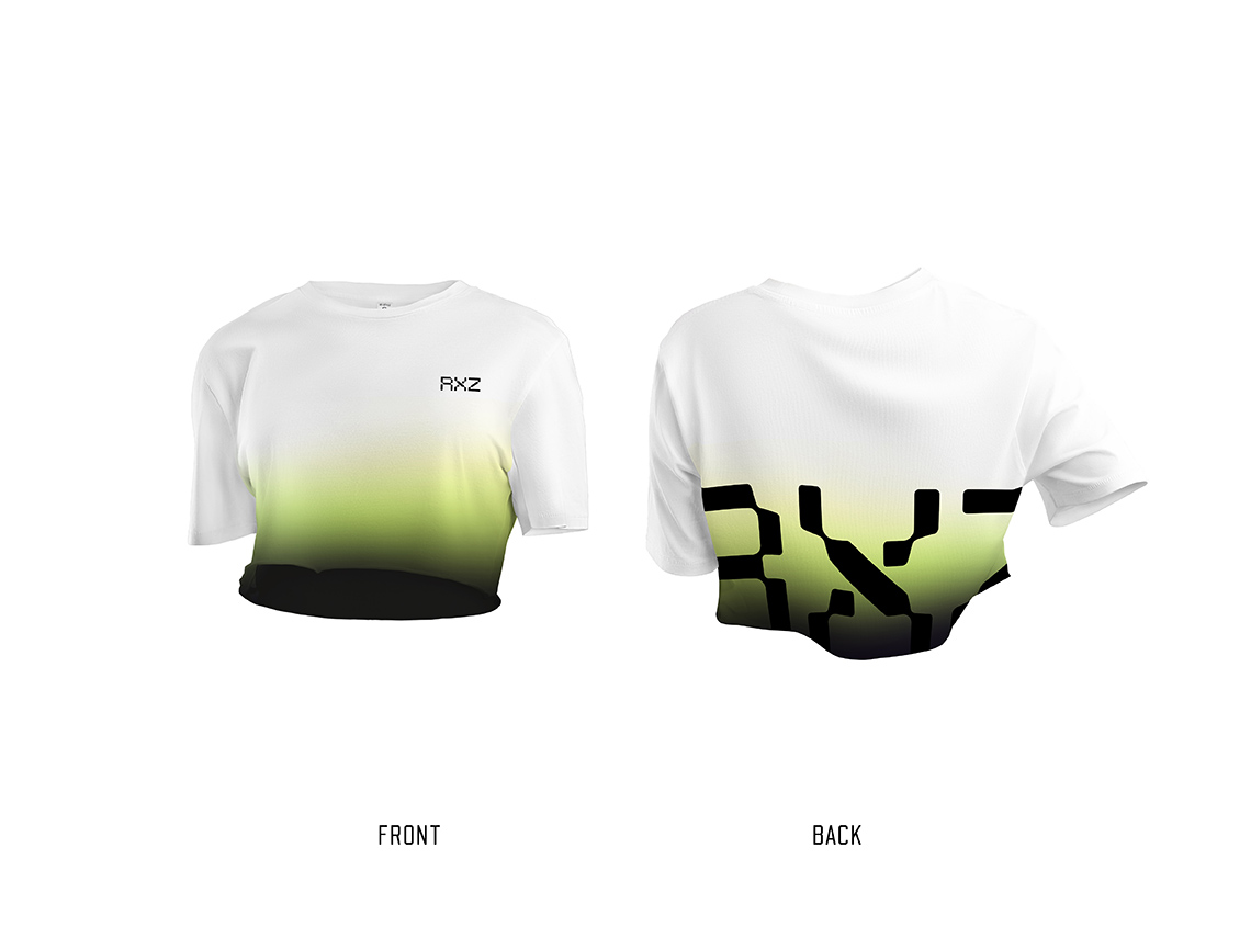 RoxZone Fade women's cropped training top with white-to-lime-to-black gradient — front and back