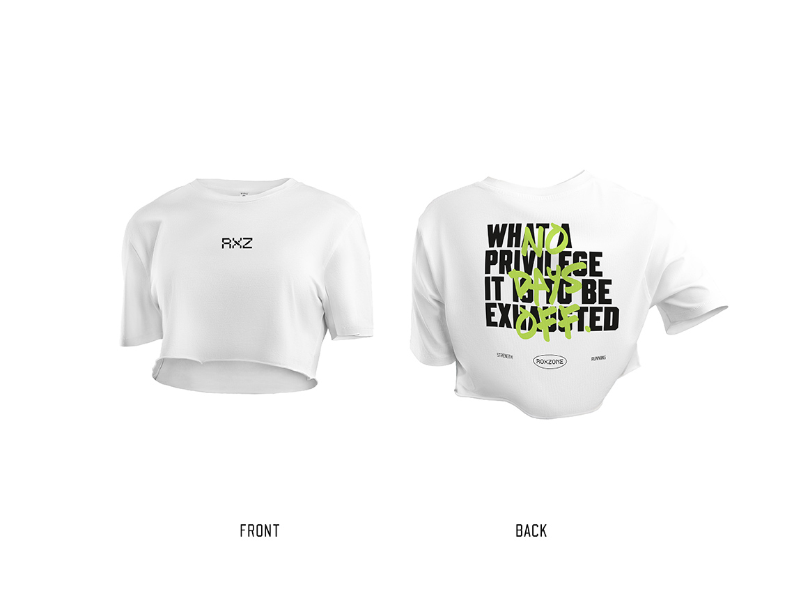 RoxZone No Days Off women's cropped training top in white — front and back print