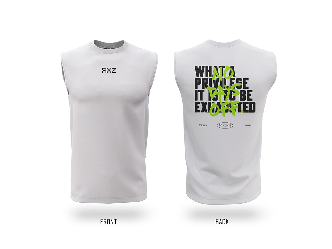 RoxZone No Days Off men's sleeveless training tank in white — front and back print